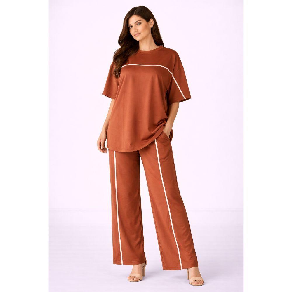 Womens Rust Brown Two Piece Lounge Set with Contrast Stripe